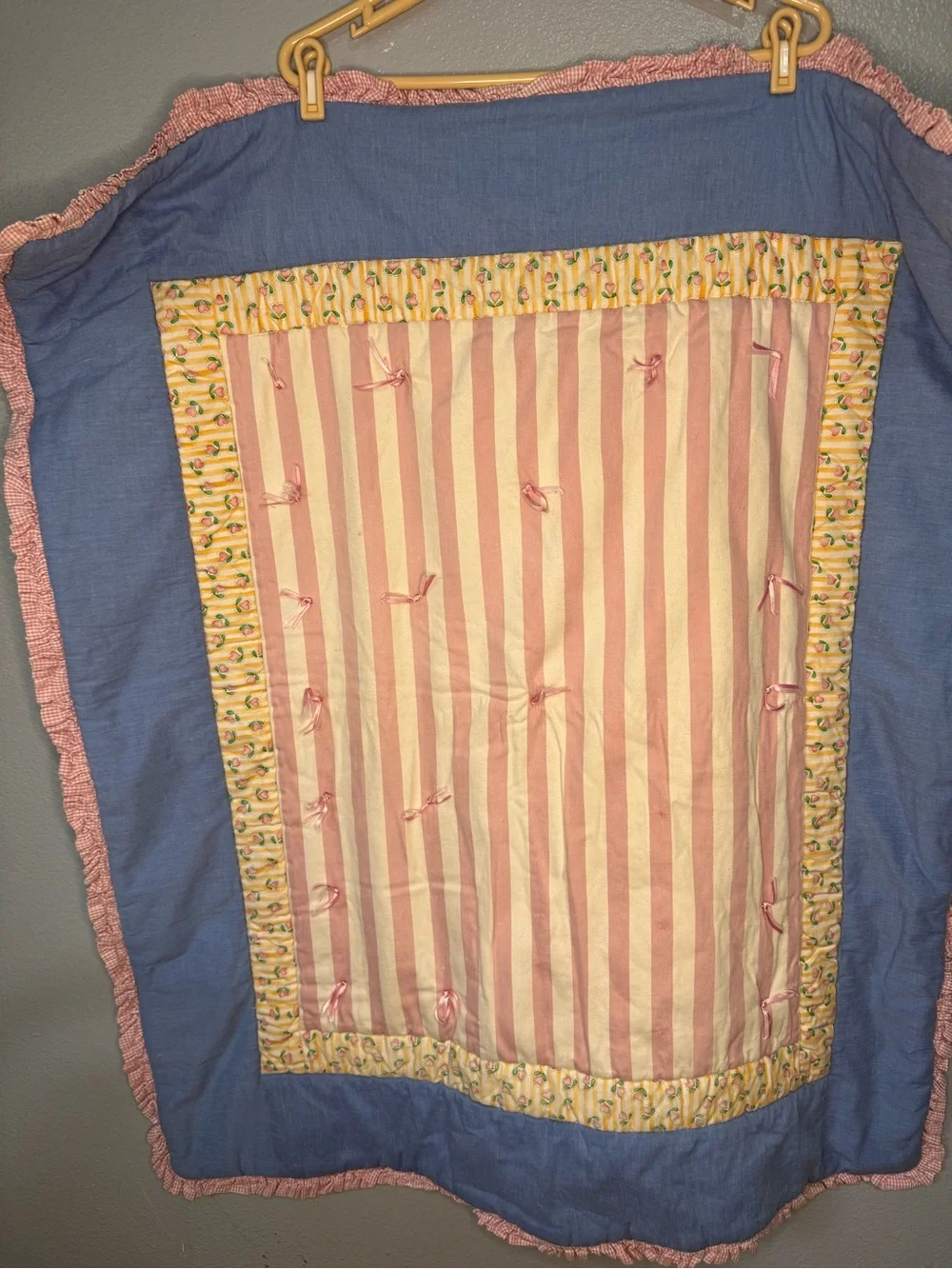 Blue and Pink Striped Baby Quilt with Floral Border